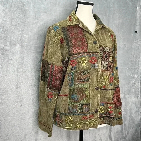 Chico's VTG Sz S Jacket Dark Olive Boho Southwestern Floral Embroidered Artsy‎ - Picture 2 of 16
